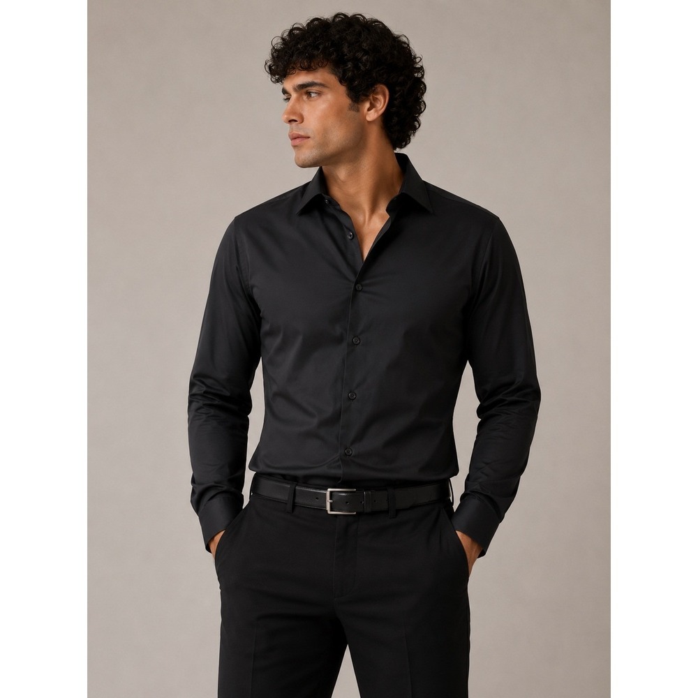 Tom Baine Performance Mens‎ Slim Fit Dress Shirt Black Stretch Wrinkle Free 15.5